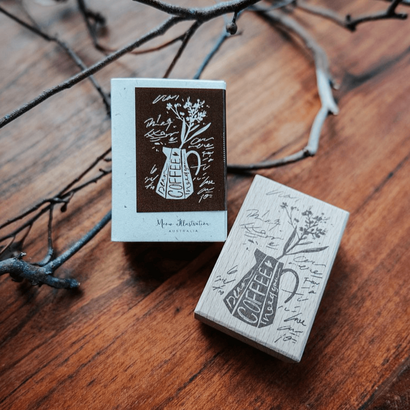 Meow Illustration Rubber Stamp - Dear Coffee i need you